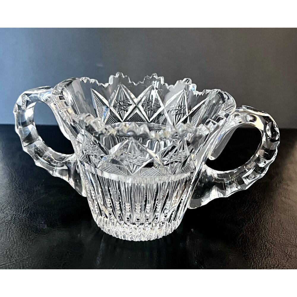 Vintage Two Handle Sugar Bowl Classic Cut Glass Saw Tooth Edge Heavy